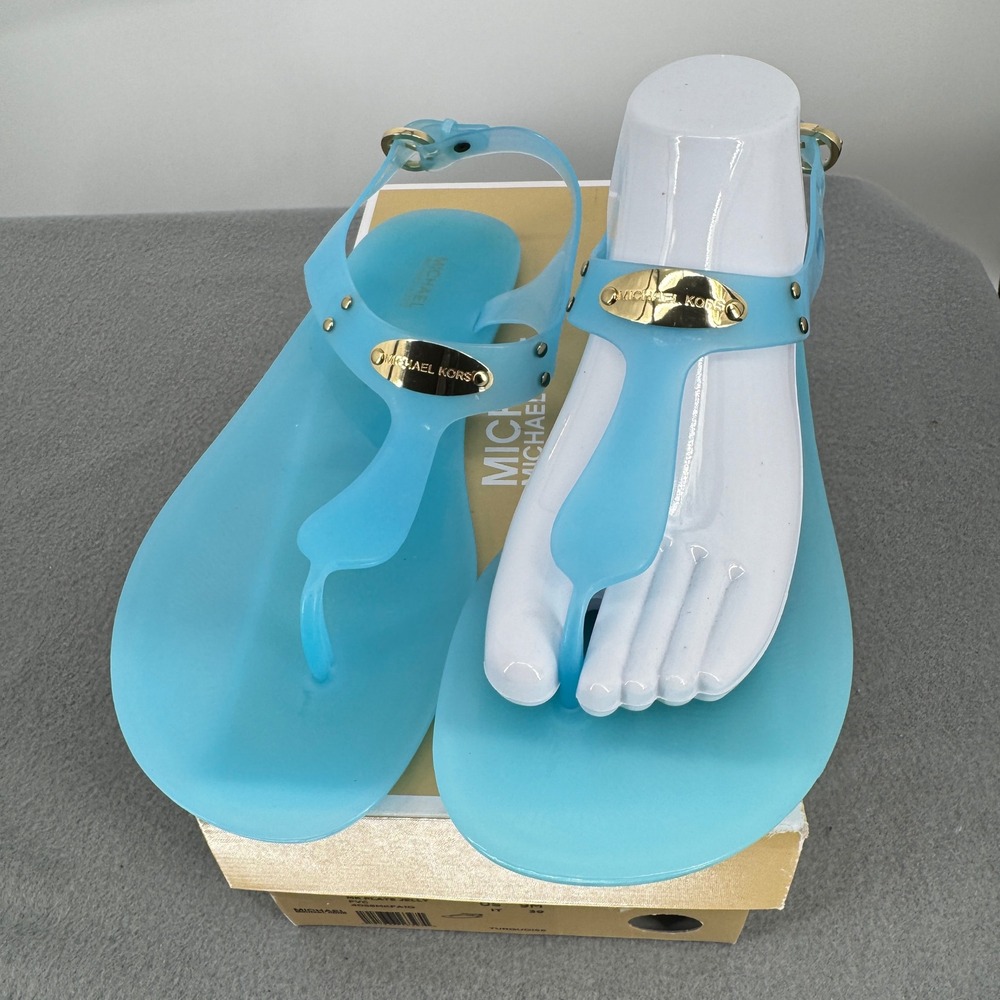 Michael Kors MK Plate Jelly Womens 9 Sandals Turquoise Aqua Gold 40S8MKFA1Q
